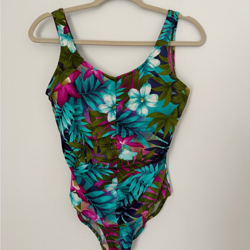 Beach Cabana Tropical Floral One Piece Swimsuit Medium Ruched V-Neck Blue Pink